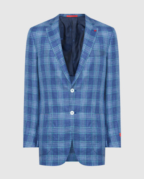 ISAIA Blue wool, silk and linen check blazer 521GSI9099N