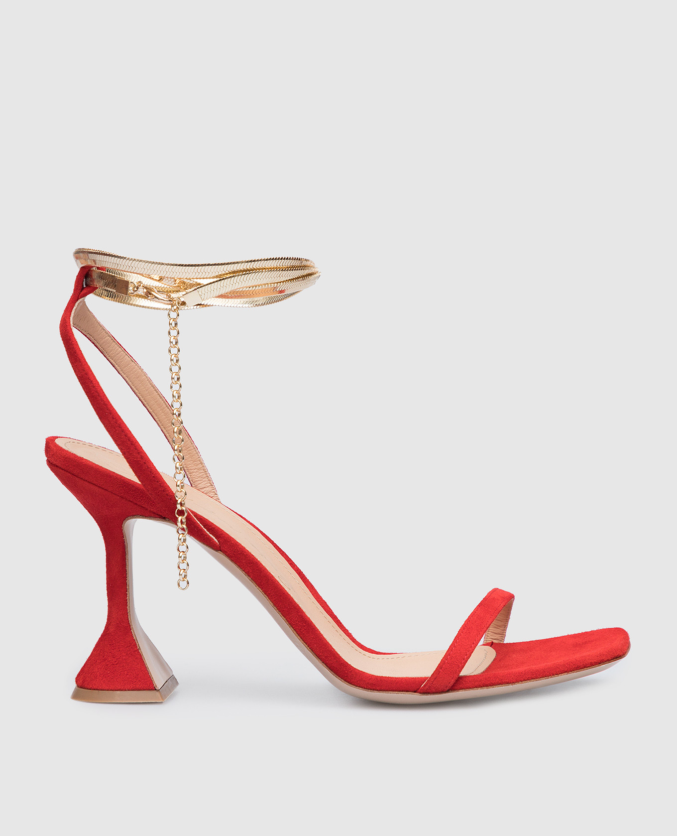 Red suede sandals with a figured heel babe pay pls