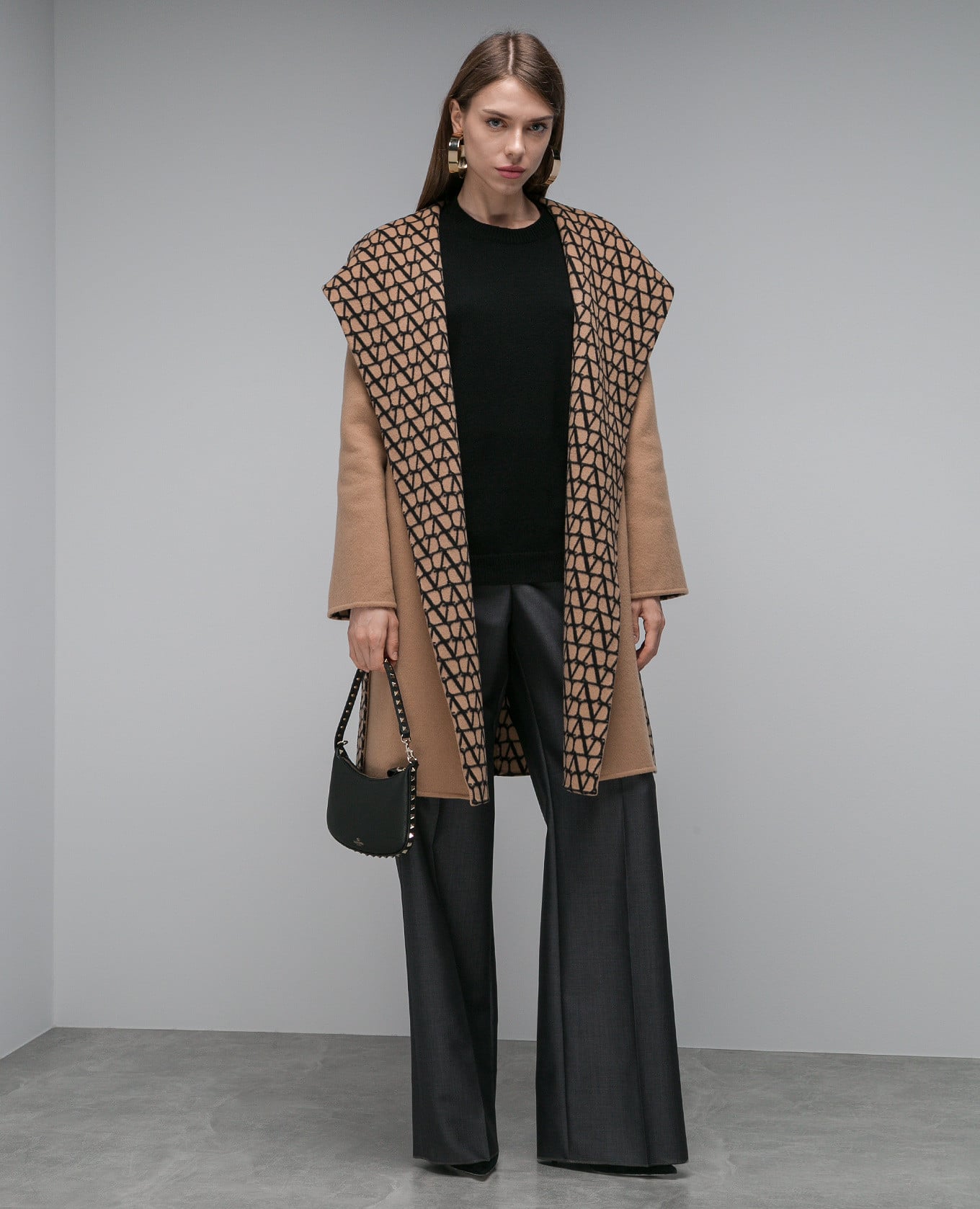 Brown double-sided wool and silk coat with VLOGO print Valentino 3