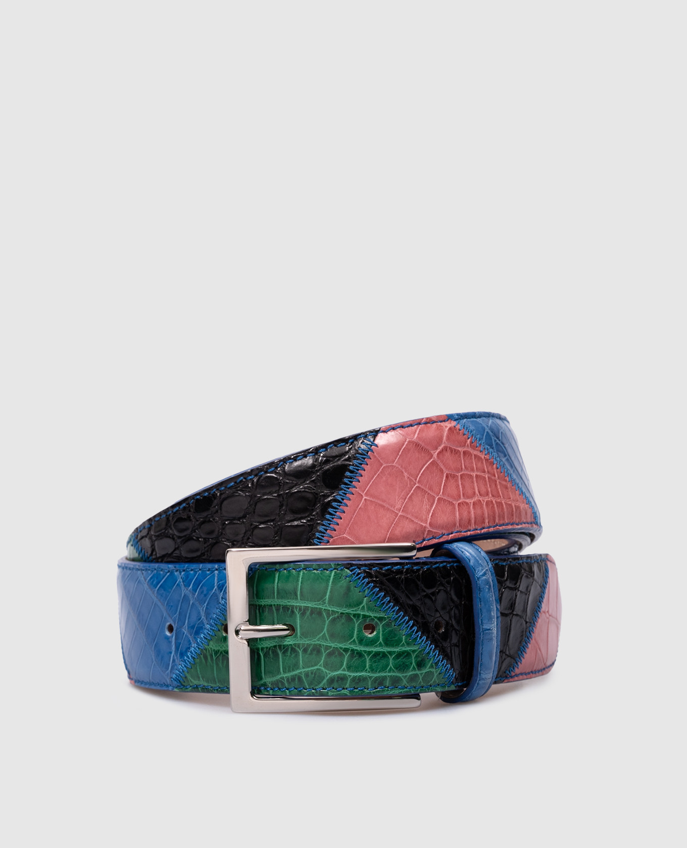 Blue patchwork crocodile leather belt