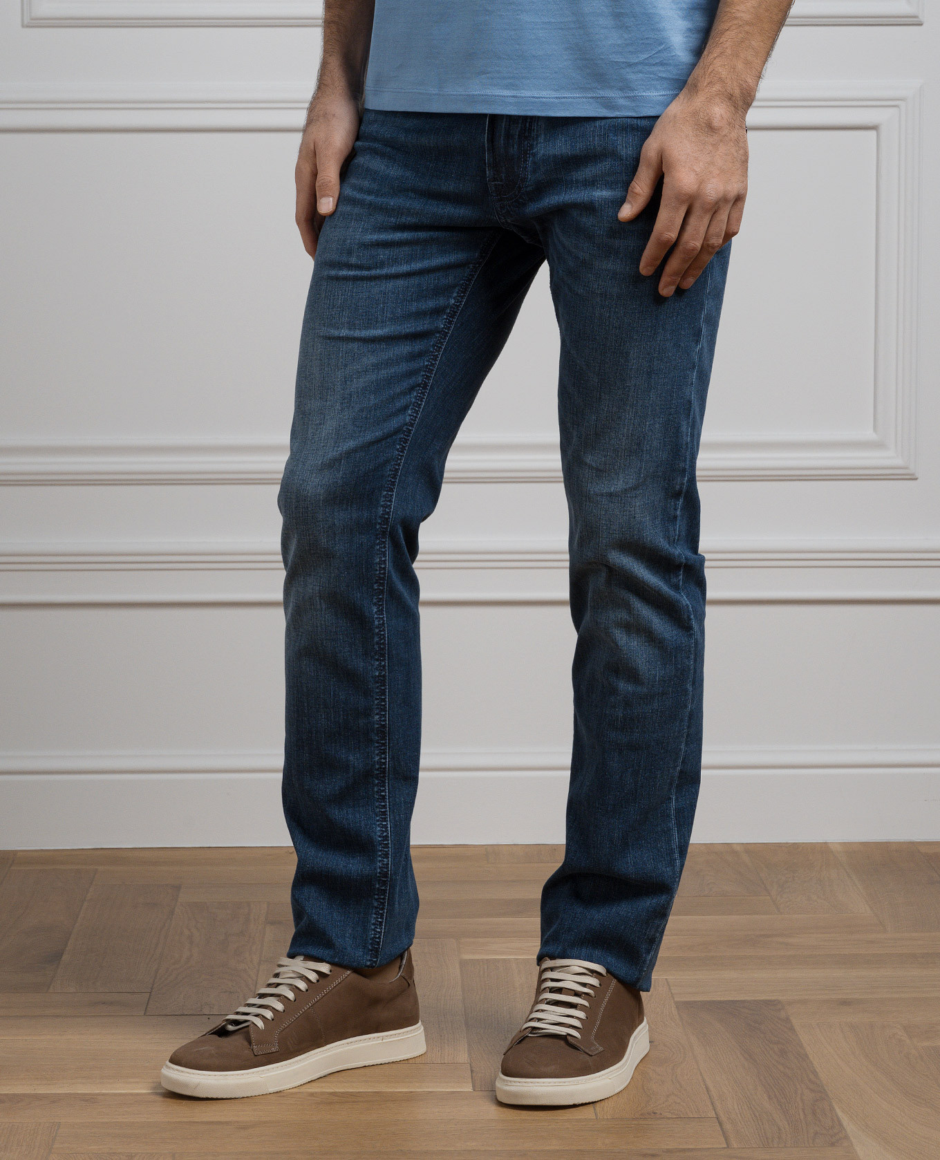 

Blue jeans with leather logo patch Stefano Ricci