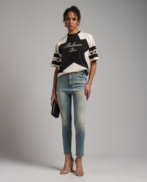 Balmain Blue distressed skinny jeans with logo embroidery CF1MG020DE04