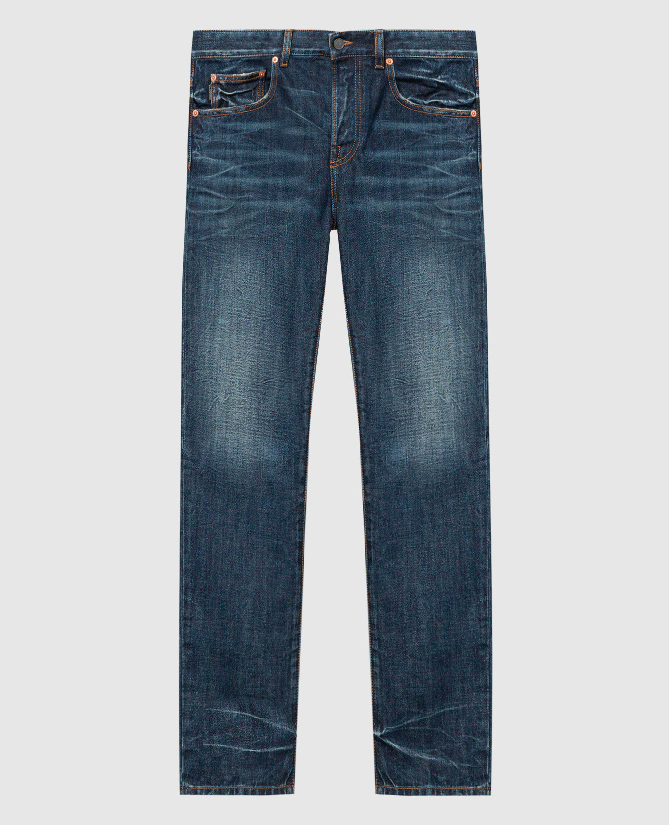 

Blue jeans with a distressed effect with a metallic V element Valentino