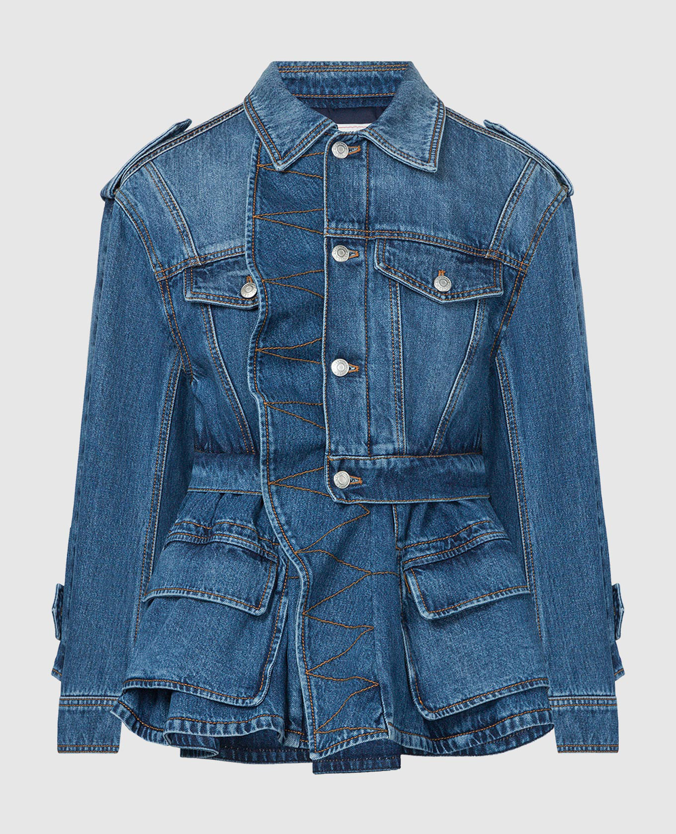 

Blue denim jacket with basque and distressed effect Alexander McQueen
