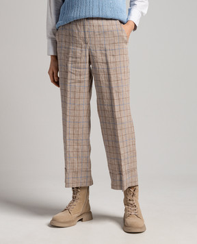 Peserico Brown linen pants with a high fit in a check P0447606786