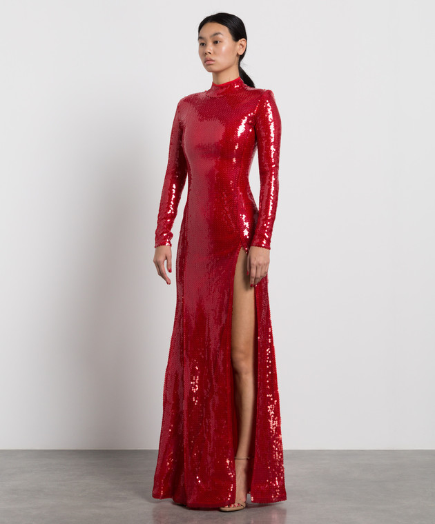 knee length dresses for ladies Vintage 1970's Lilli Diamond Red Sequin Long Sleeve Maxi Dress