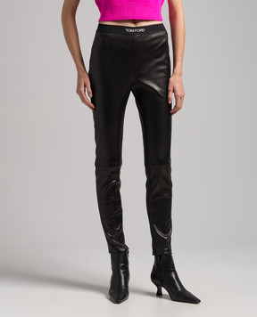 Tom Ford Black leather leggings with a logo pattern PAL672LEX224