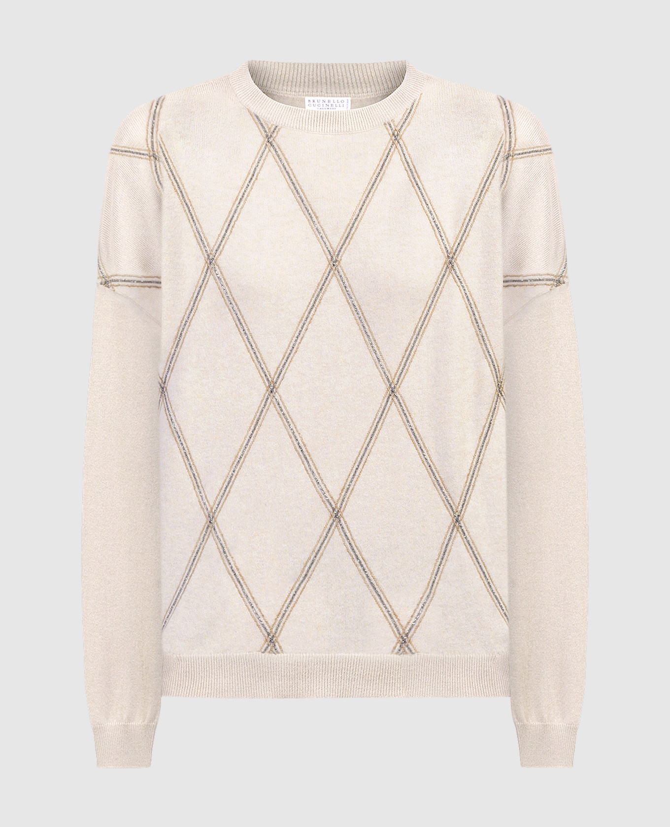 

Beige wool, cashmere and silk jumper in a geometric pattern with a monil chain Brunello Cucinelli