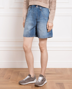 Brunello Cucinelli Blue denim shorts with monil chain MA095P5833