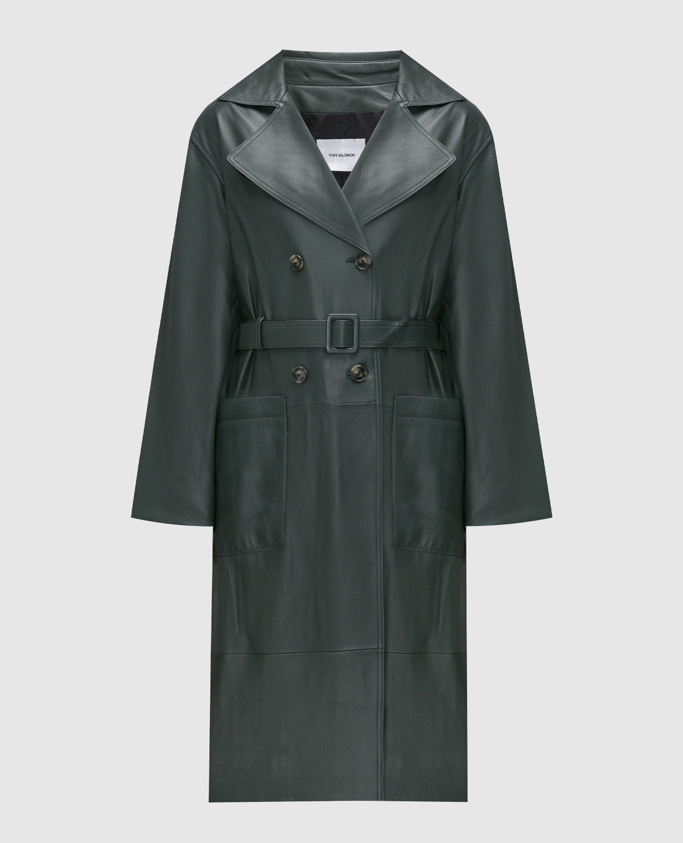 Green double-breasted leather trench coat yves salomon