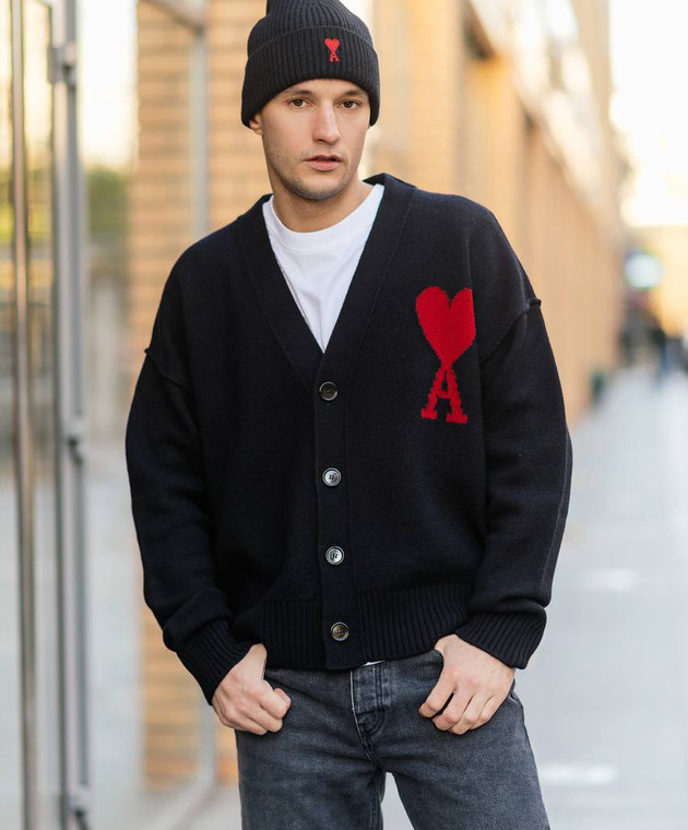 Ami Paris - Black cardigan made of wool with a pattern BFUKC006018