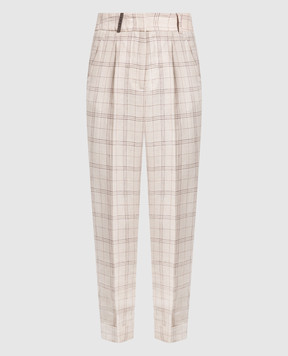 Peserico Light beige checked linen trousers with monil chain P0442606877