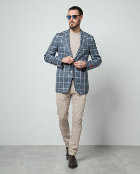 ISAIA Blue wool, silk and linen check blazer 521GSI97521