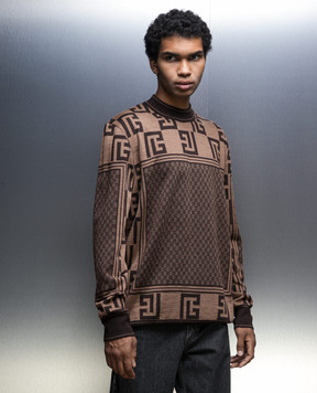 Balmain Brown wool jumper with logo monogram pattern BH0KD000KF34