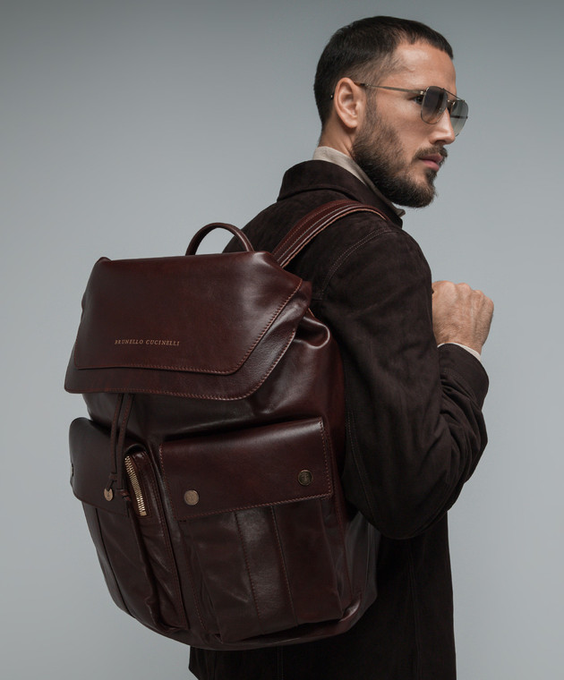 brunello cucinelli leather backpack Brunello Cucinelli - Brown leather backpack with logo MBCIU325