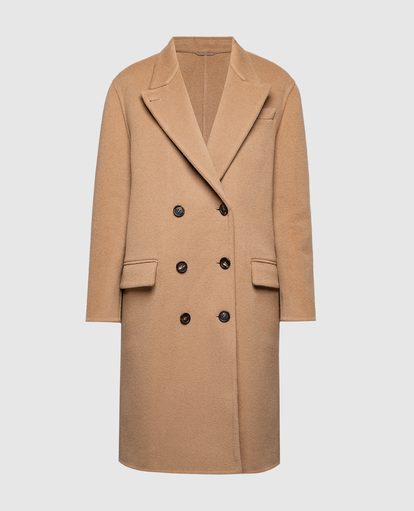Brown double-breasted wool and cashmere coat with monil chain brunello cucinelli