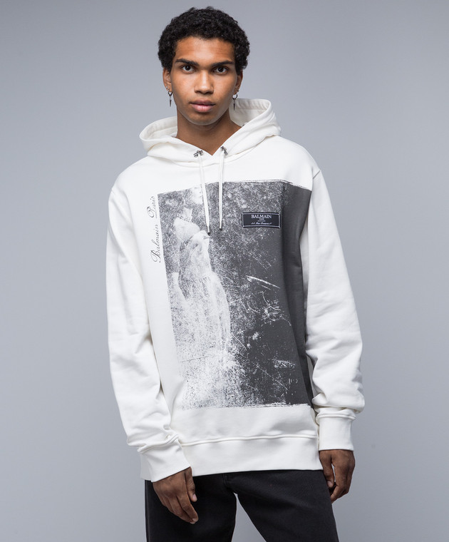 Balmain - White hoodie with a print BH0JT046GD19 - shop with