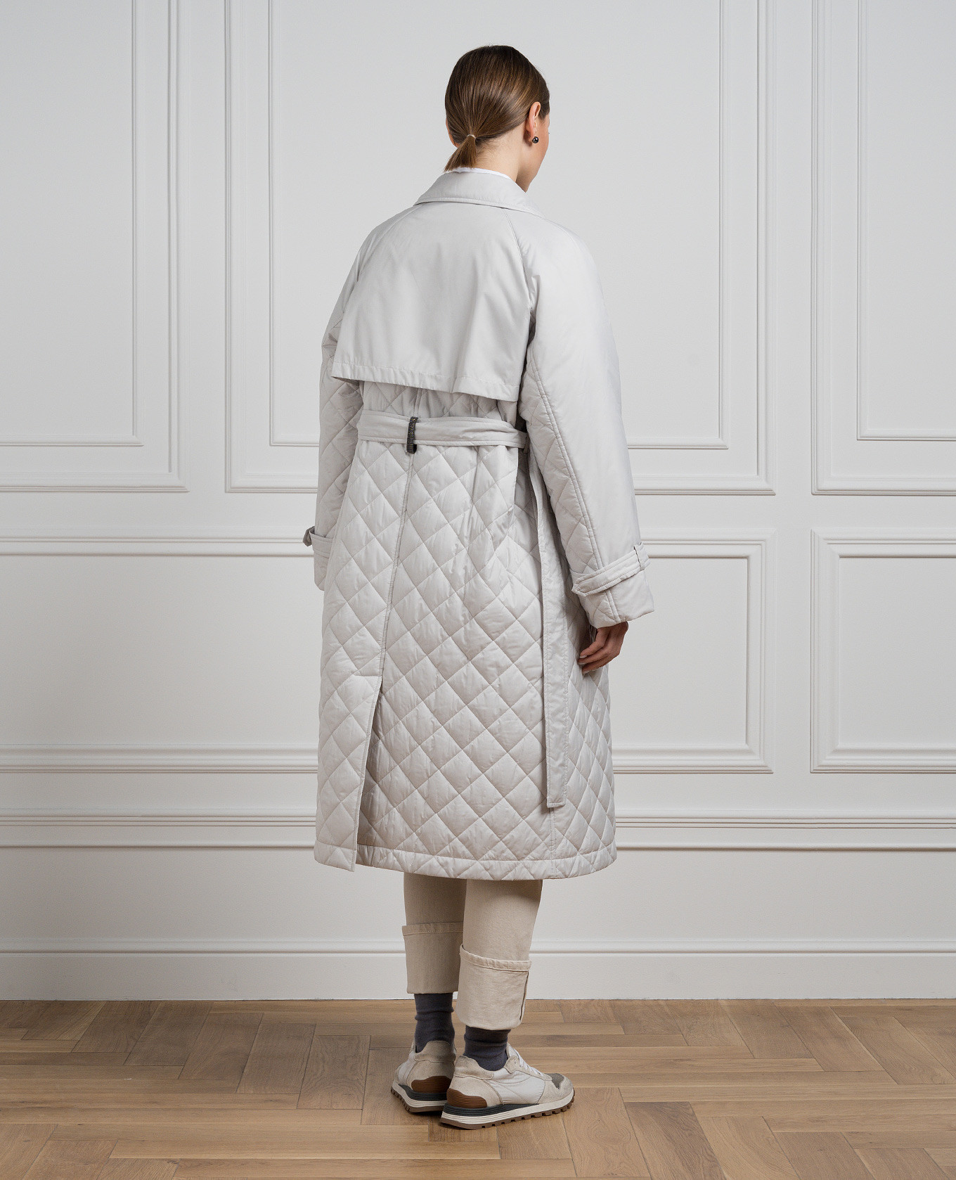 Gray quilted trench coat with monil chain Brunello Cucinelli 4