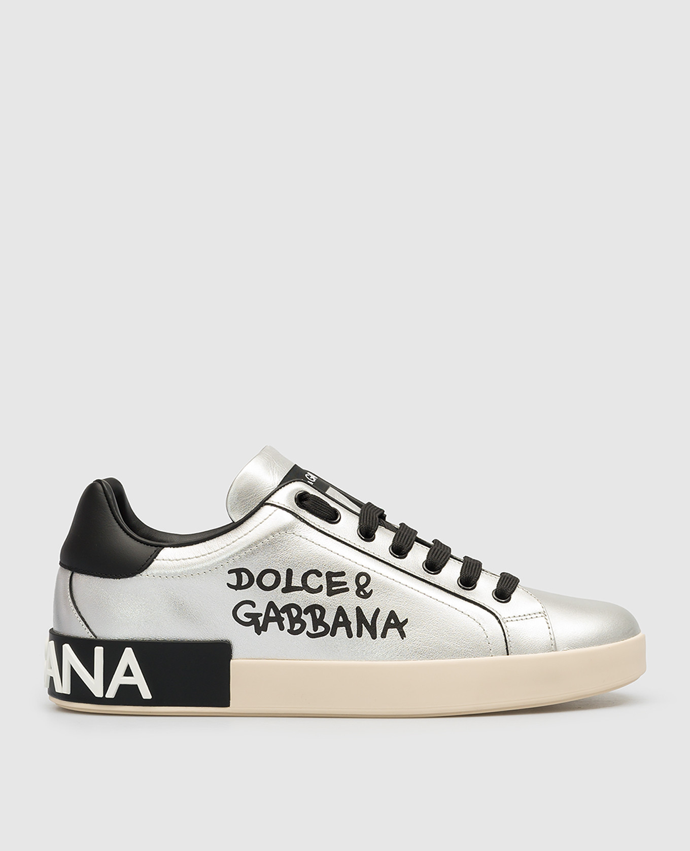 Portofino leather sneakers with logo in silver dolce&gabbana